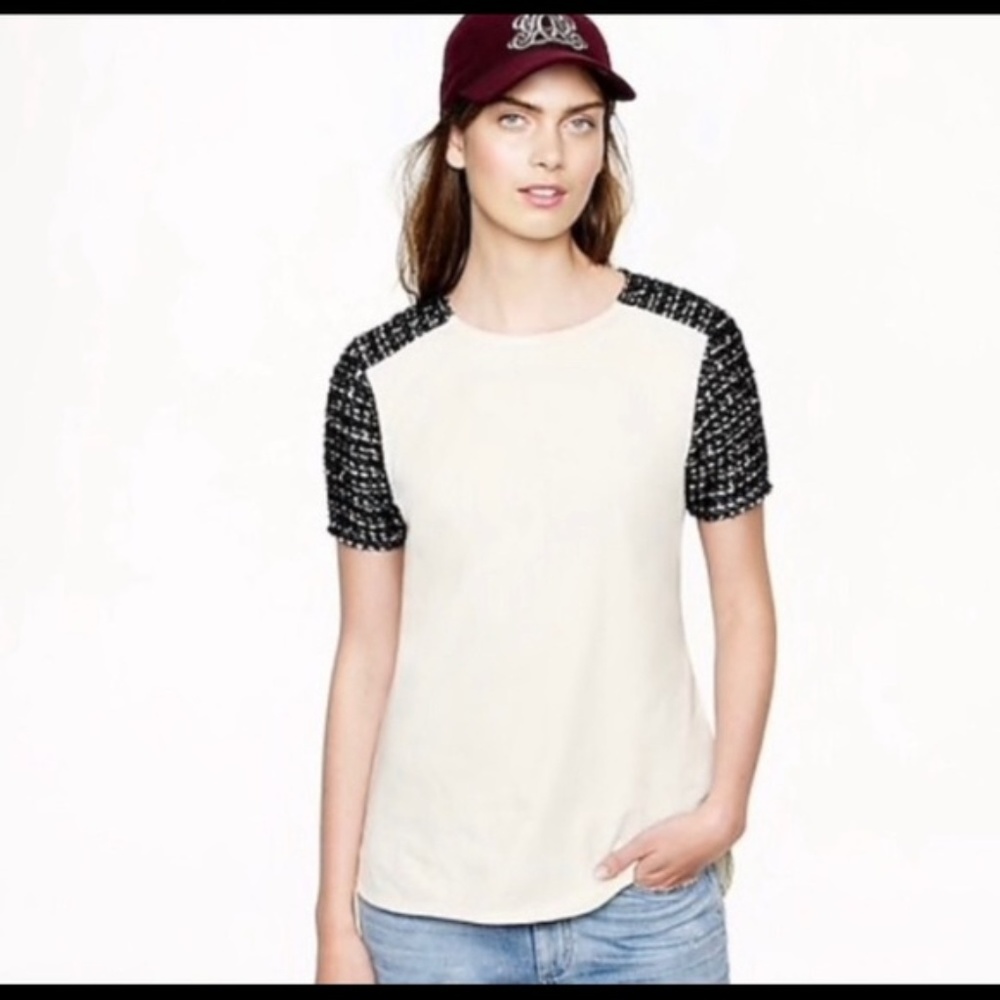 J Crew Tweed Sleeve Top Size S Cream/Black